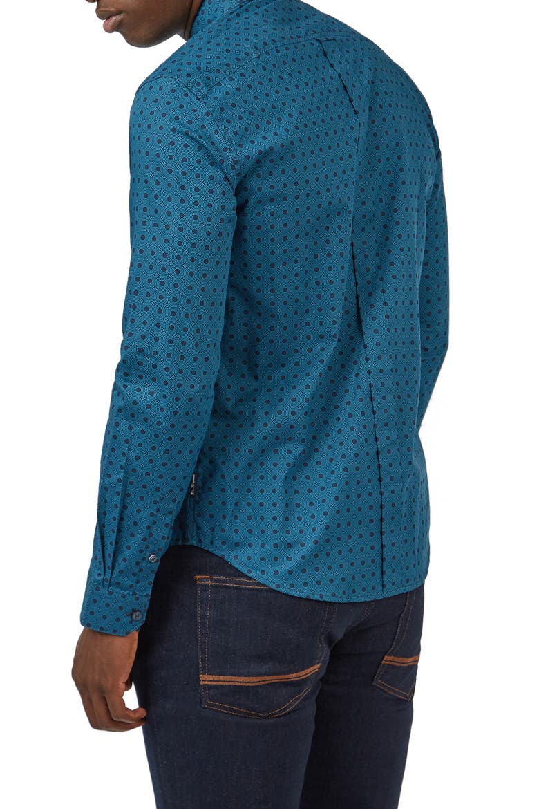 Print Cotton Button-Up Shirt, Alternate, color, DARK TEAL