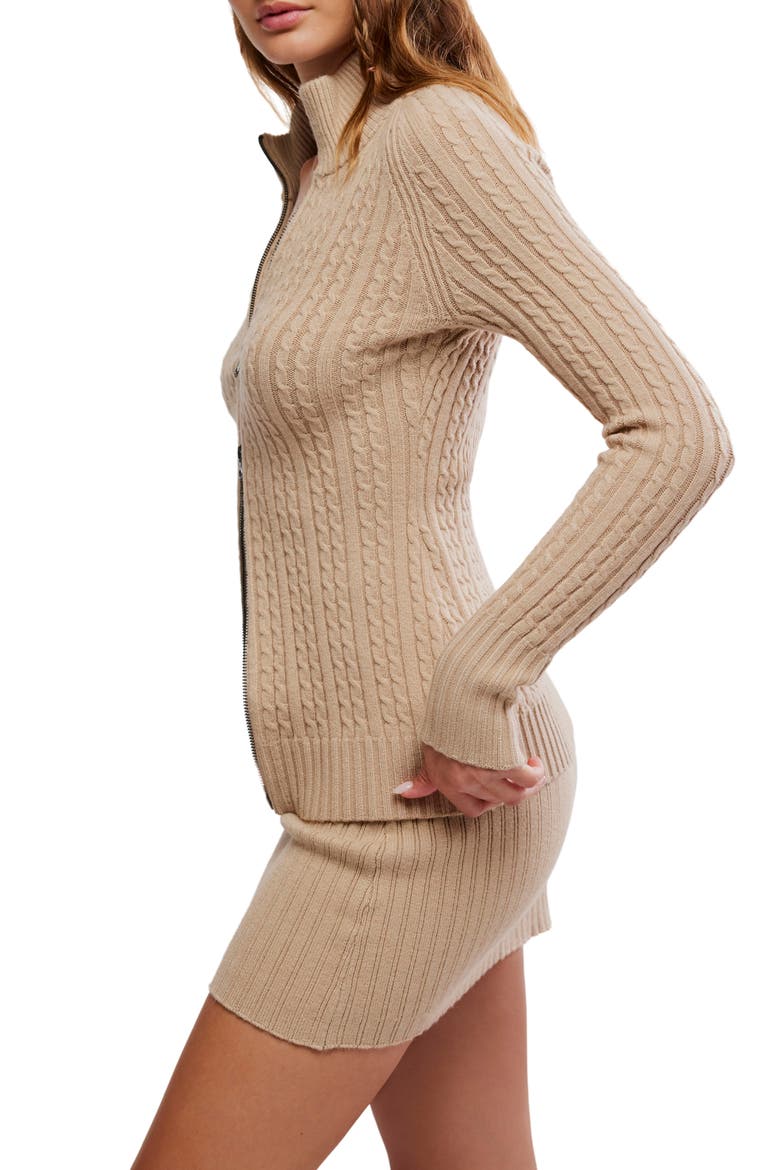 Eliza Cable Zip-Up Cardigan & Rib Miniskirt Set, Alternate, color, SMOOTH STONE
