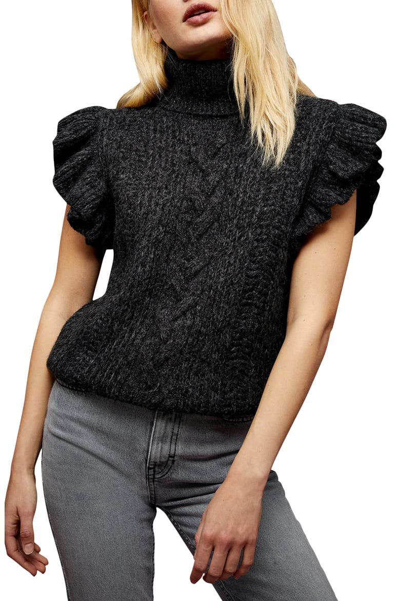 Flutter Sleeve Cable Knit Turtleneck Sweater, Main, color, CHARCOAL