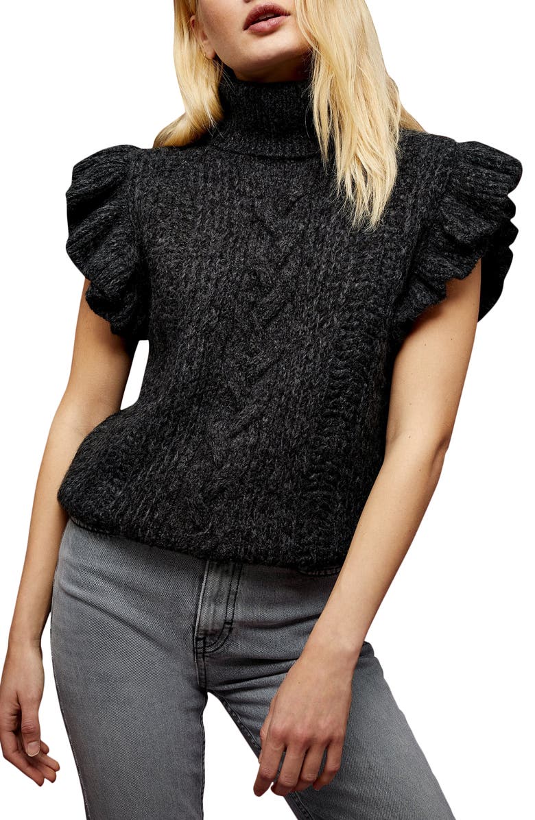 Topshop Flutter Sleeve Cable Knit Turtleneck Sweater, Main, color, 