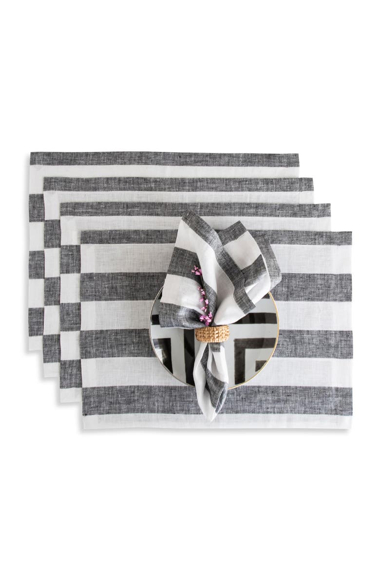 Solino Home Linen Placemats - Cabana Stripe, 14" x 19" Inch, Main, color, Black And White