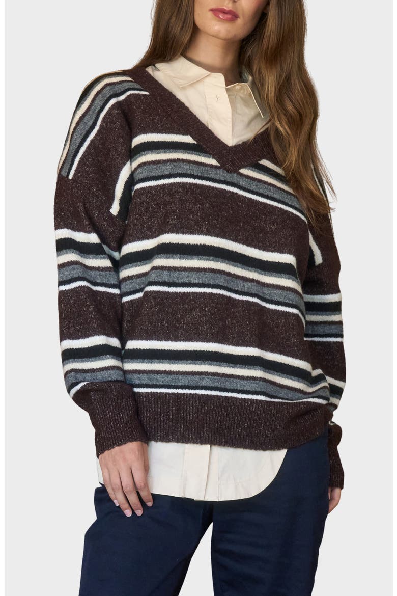 Pullover V-Neck Sweater, Main, color, BROWN MULTI