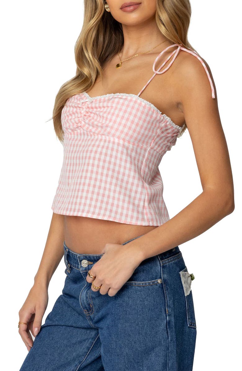 EDIKTED Billie Gingham Tie Back Camisole, Alternate, color, Light-Pink