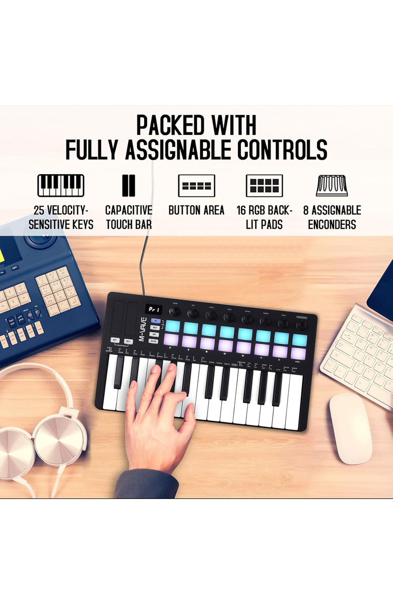 M-Wave 25-Key Bluetooth MIDI Keyboard- Black, Alternate, color, Black