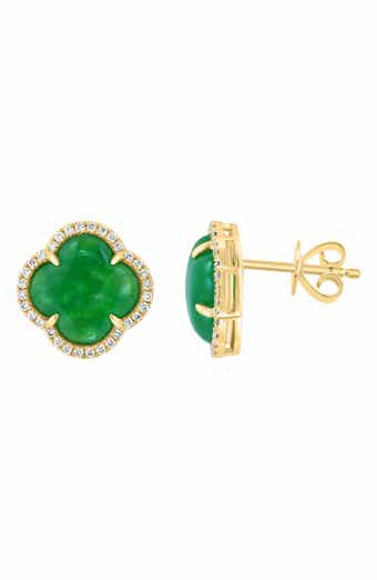 Diamond Halo Jade Clover Stud Earrings