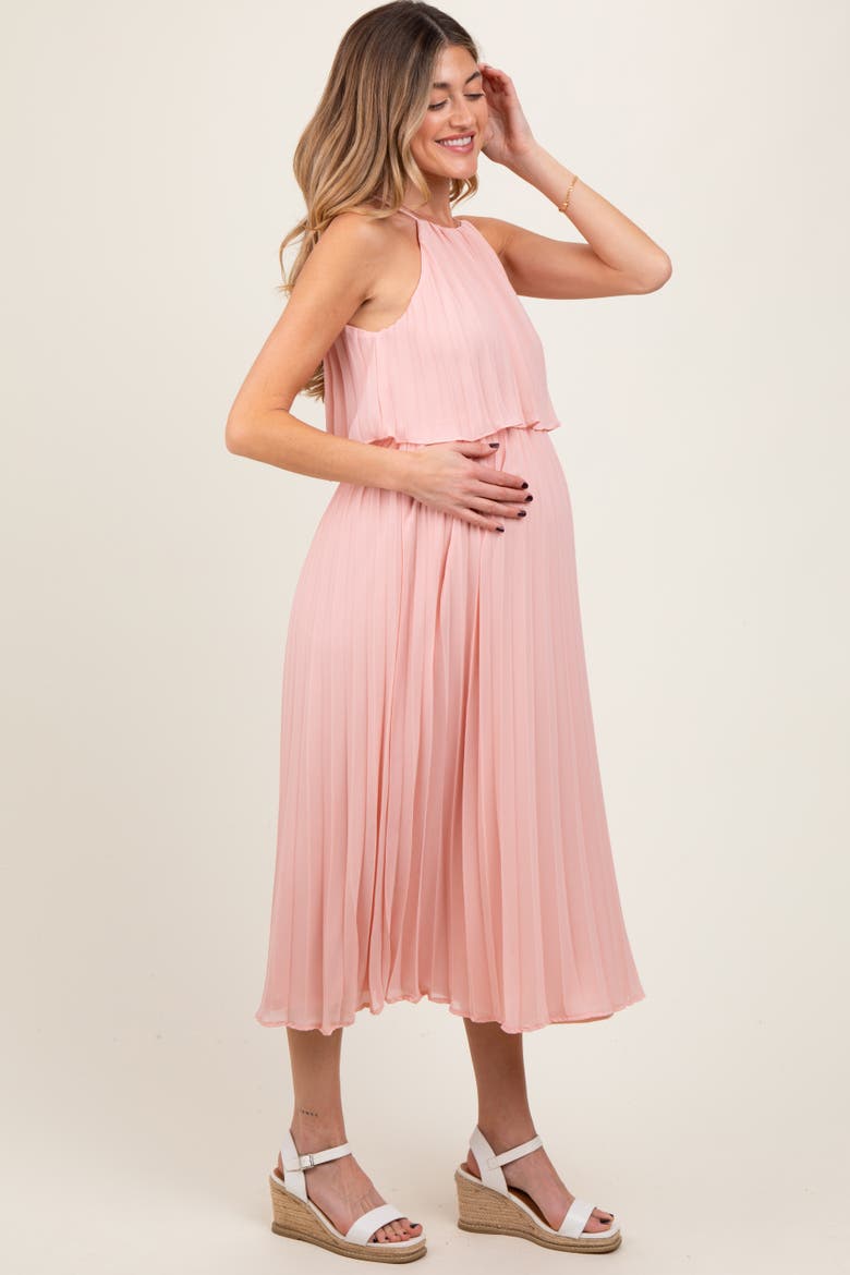 Pleated Woven Midi Dress, Alternate, color, Pink
