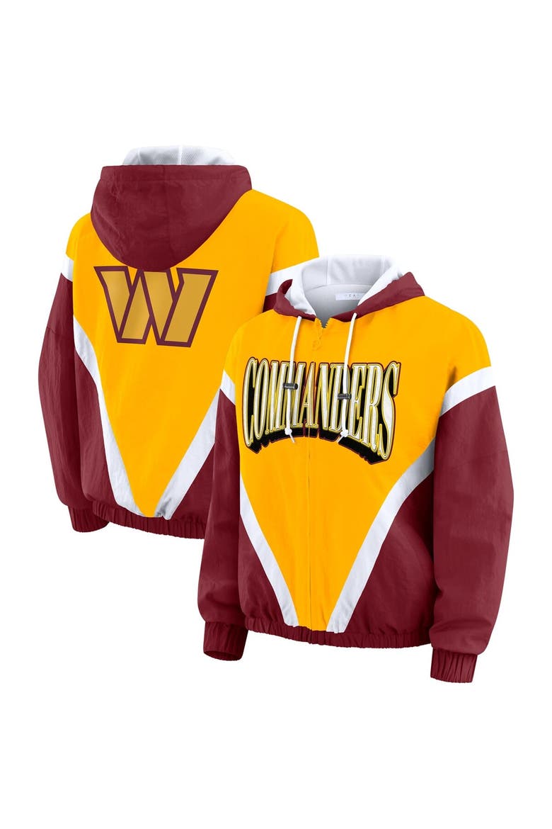 Women's WEAR by Erin Andrews Gold/Burgundy Washington Commanders Retro Crinkle Full-Zip Hoodie Windbreaker, Main, color, Gold