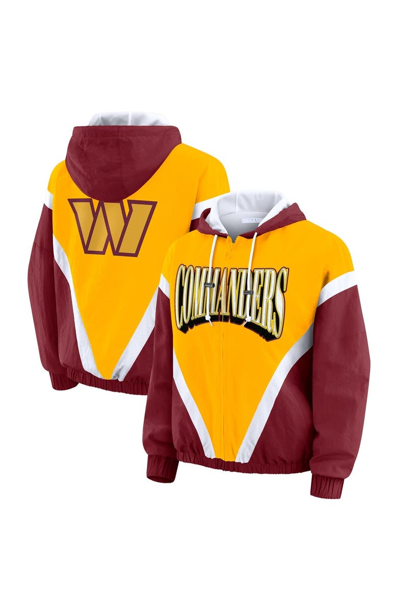 WEAR by Erin Andrews Women's WEAR by Erin Andrews Gold/Burgundy Washington Commanders Retro Crinkle Full-Zip Hoodie Windbreaker, Main, color, Gold