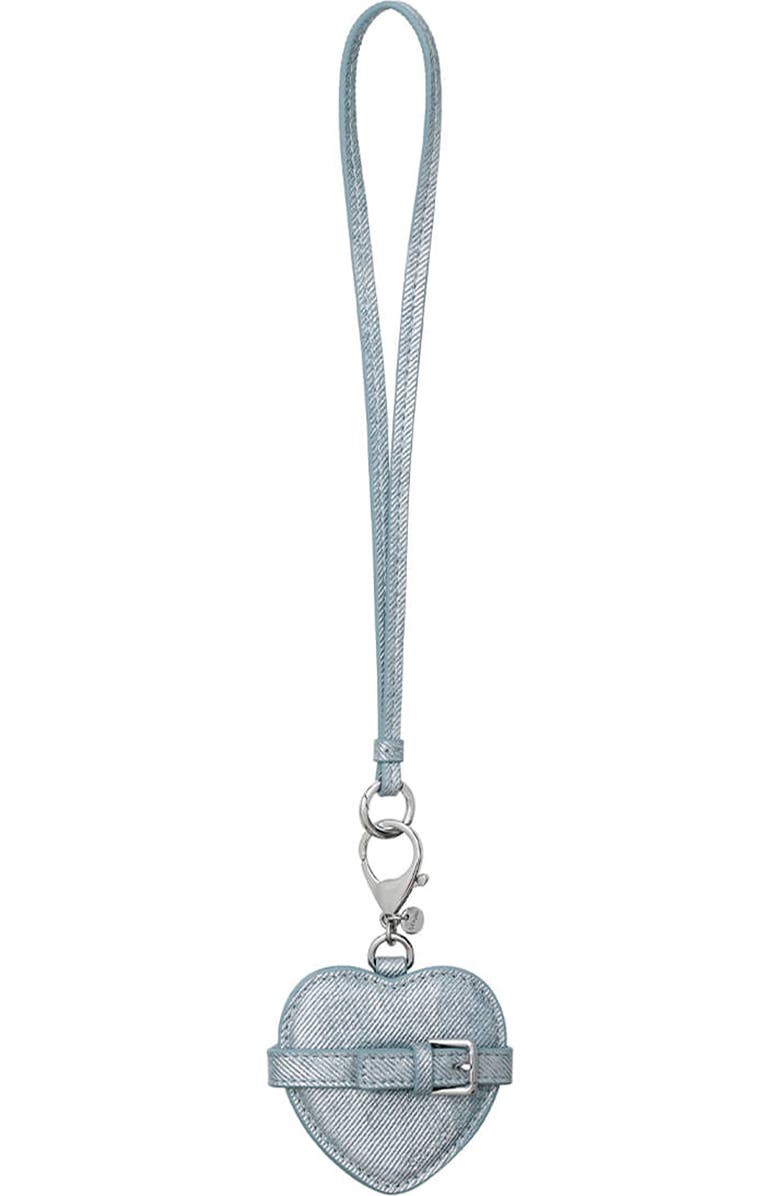 Stand Oil Belted Heart Mirror Faux Leather Key Ring Bag Charm, Main, color, Silver Denim