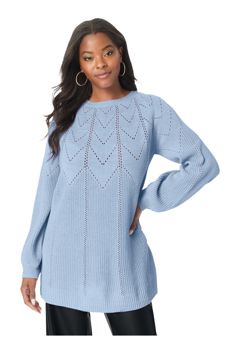 Roaman's Pointelle Yoke Crewneck Sweater, Main, color, Pale Blue