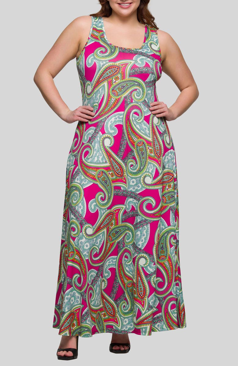 24seven Comfort Apparel Paisley Sleeveless Knit Maxi Dress, Main, color, Pink Multi