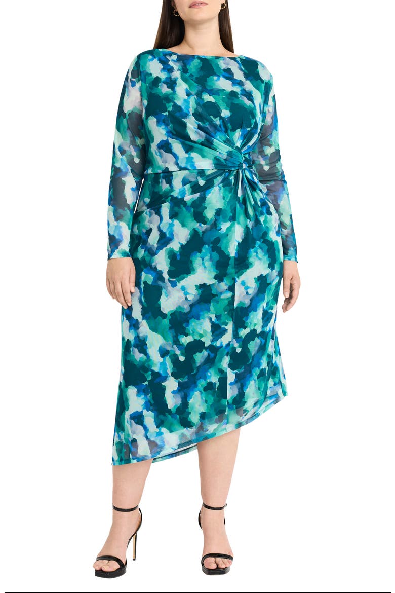Abstract Print Long Sleeve Asymmetric Knit Dress, Main, color, MINT/TEAL