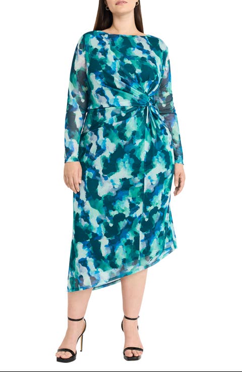 Abstract Print Long Sleeve Asymmetric Knit Dress (Plus)
