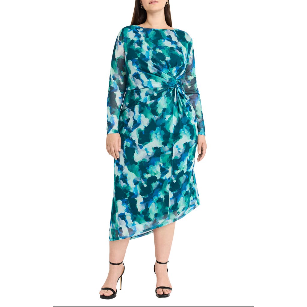 Maggy London Abstract Print Long Sleeve Asymmetric Knit Dress In Green