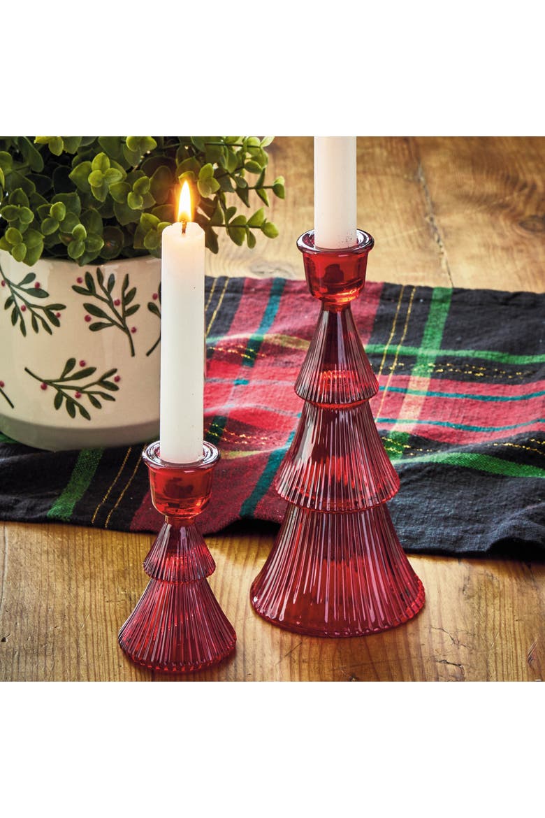 Red Glass Ribbed Taper Candle Holder for Christmas Decor, Alternate, color, Red