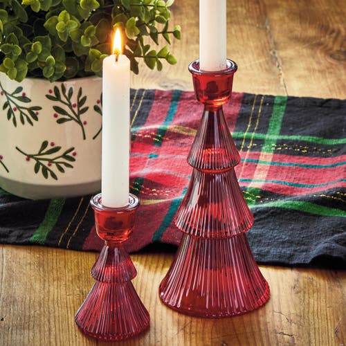 Tag Red Glass Ribbed Taper Candle Holder For Christmas Decor In Red