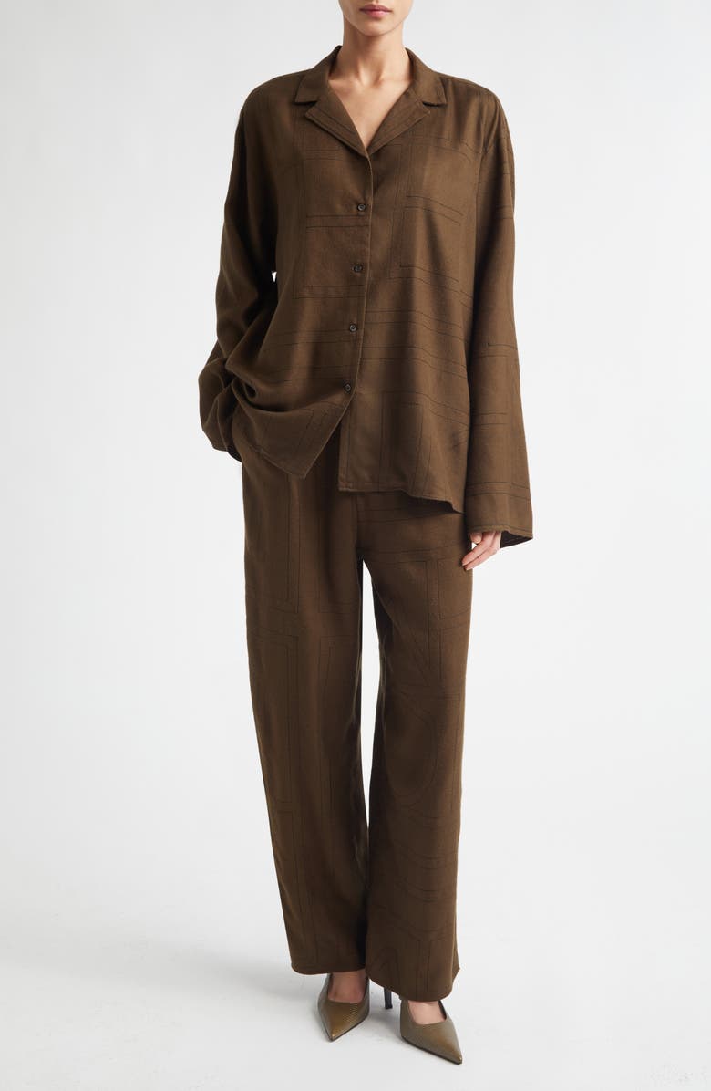 TOTEME Monogram Embroidered Flannel Button-Up Shirt, Alternate, color, Dark Brown