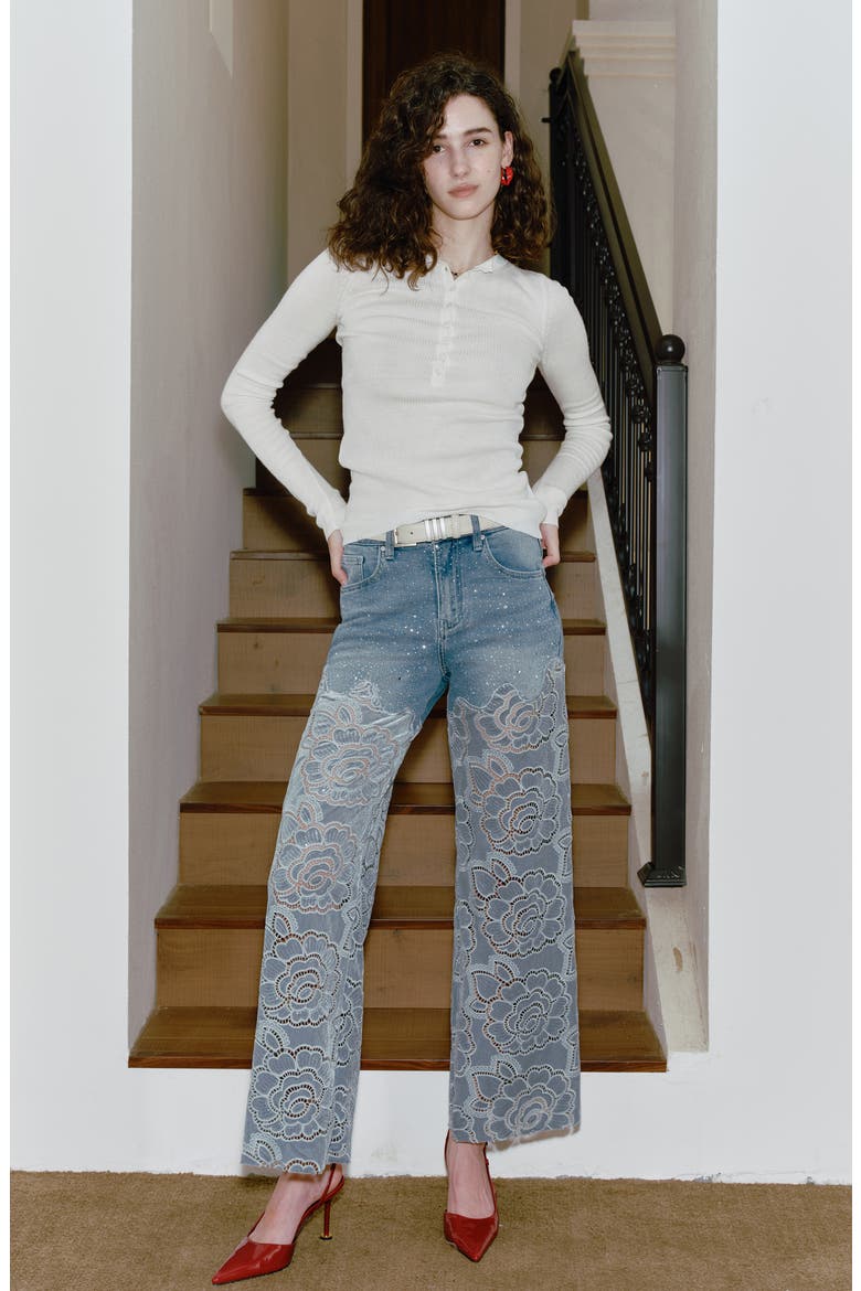 Rhinestone High Waist Wide Leg Eyelet Jeans, Alternate, color, RETRO LIGHT BLUE