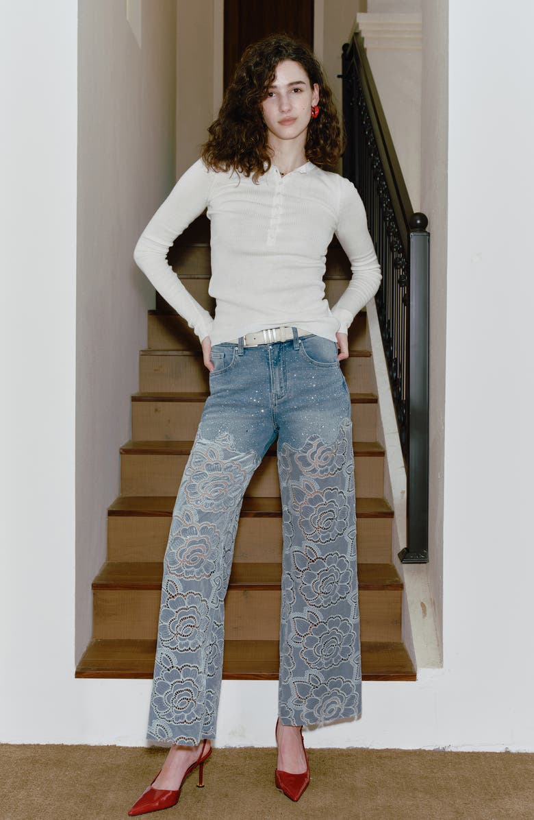 Bayeas Rhinestone High Waist Wide Leg Eyelet Jeans, Alternate, color, Retro Light Blue