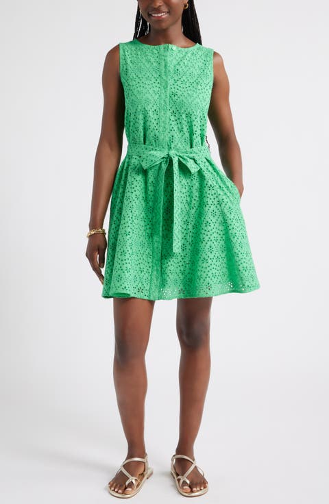 Sleeveless Cotton Eyelet Belted Dress