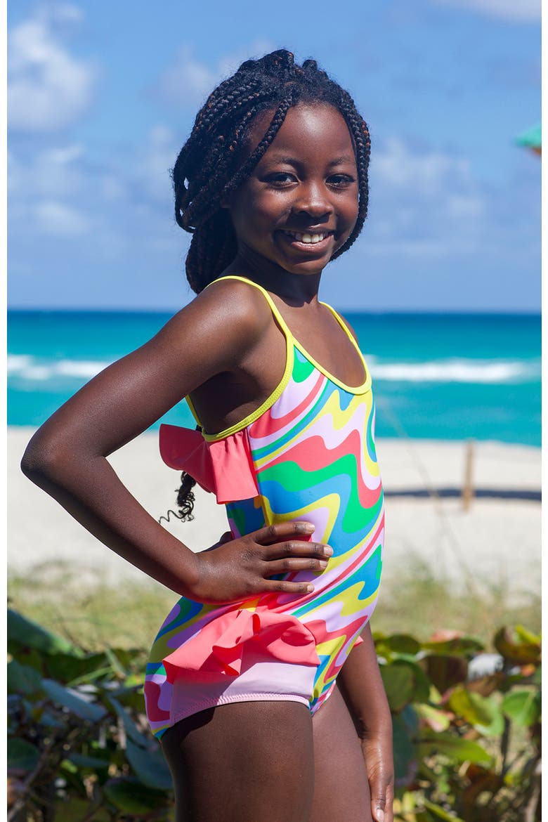 Sporty Multi-Color Neon Orbit Side Ruffles One-Piece Swimsuit, Alternate, color, Multicolor