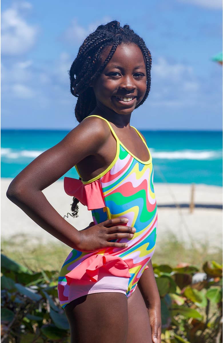 NESSI BYRD Sporty Multi-Color Neon Orbit Side Ruffles One-Piece Swimsuit, Alternate, color, Multicolor