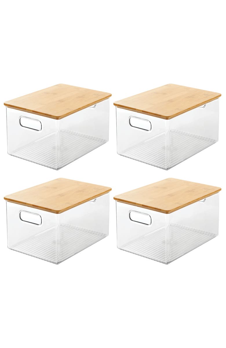 mDesign Plastic Kitchen Storage Box - Lid, Handles, 4 Pack, Clear/Natural, Main, color, Clear