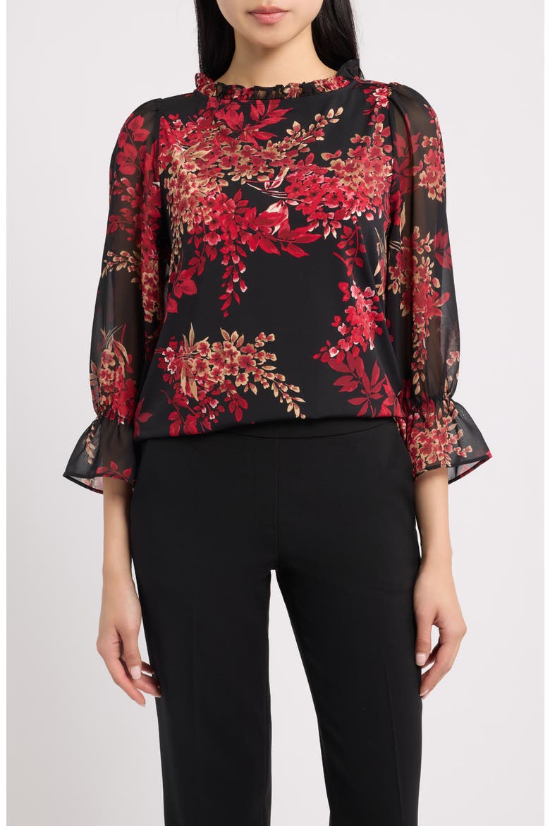 Floral Ruffle Neck Puff Sleeve Top, Main, color, ANNE BLACK MULTI