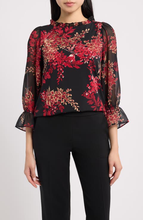 Floral Ruffle Neck Puff Sleeve Top