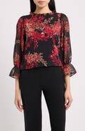 Anne Klein Floral Ruffle Neck Puff Sleeve Top