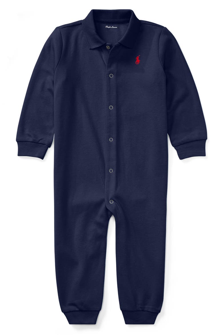 Solid Cotton Interlock Polo Romper, Main, color, REFINED NAVY