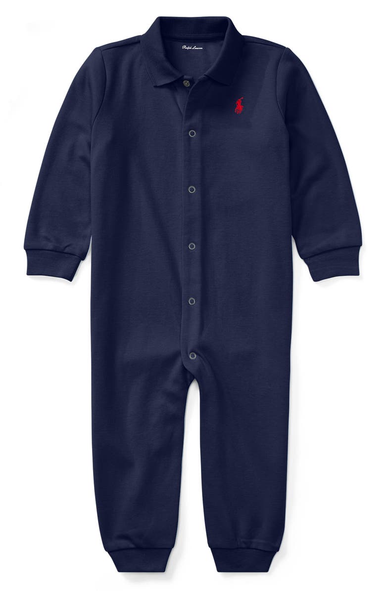 Ralph Lauren Solid Cotton Interlock Polo Romper, Main, color, Refined Navy