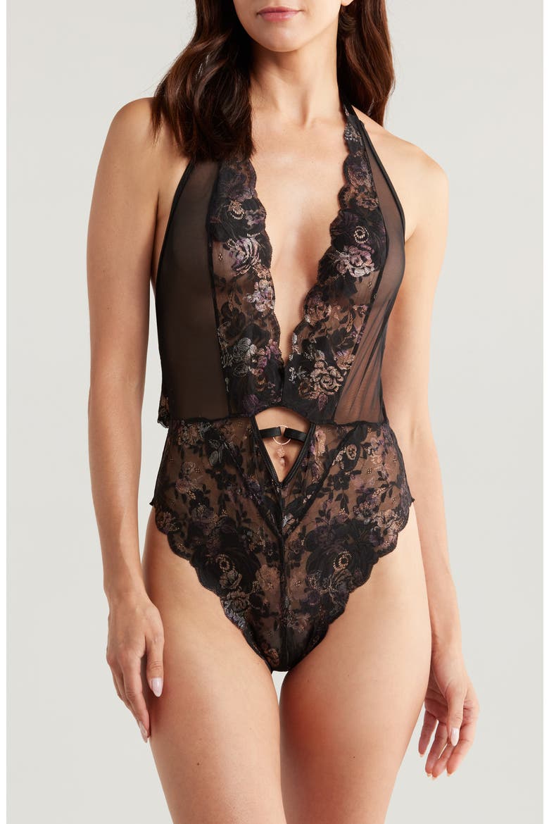Lace Open Gusset Teddy, Alternate, color, BLACK