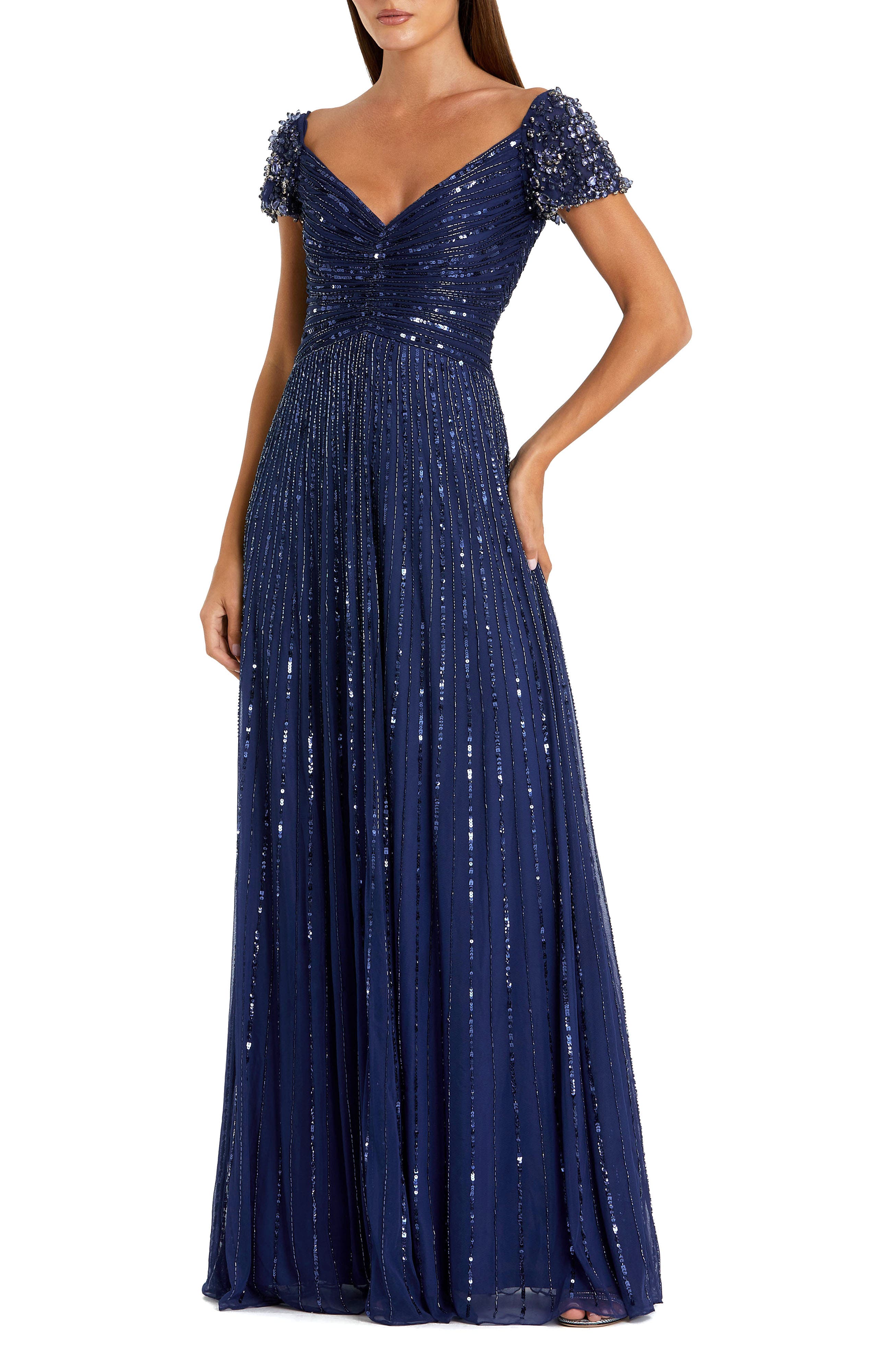 Striped Sequin Mesh Gown With Beaded Shoulders
