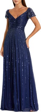 Mac Duggal Striped Sequin Mesh Gown With Beaded Shoulders