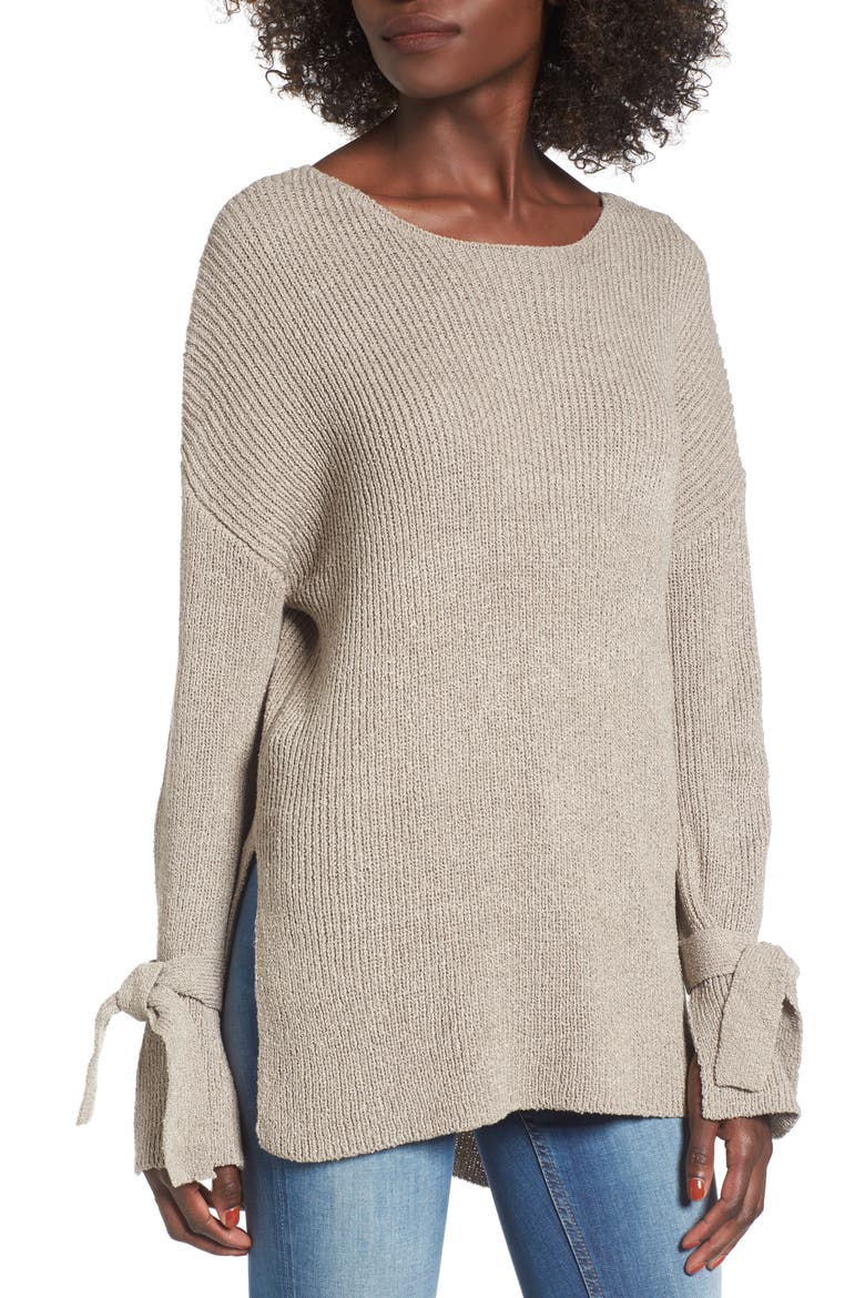 Tie Sleeve Sweater, Main, color, TAUPE GREY