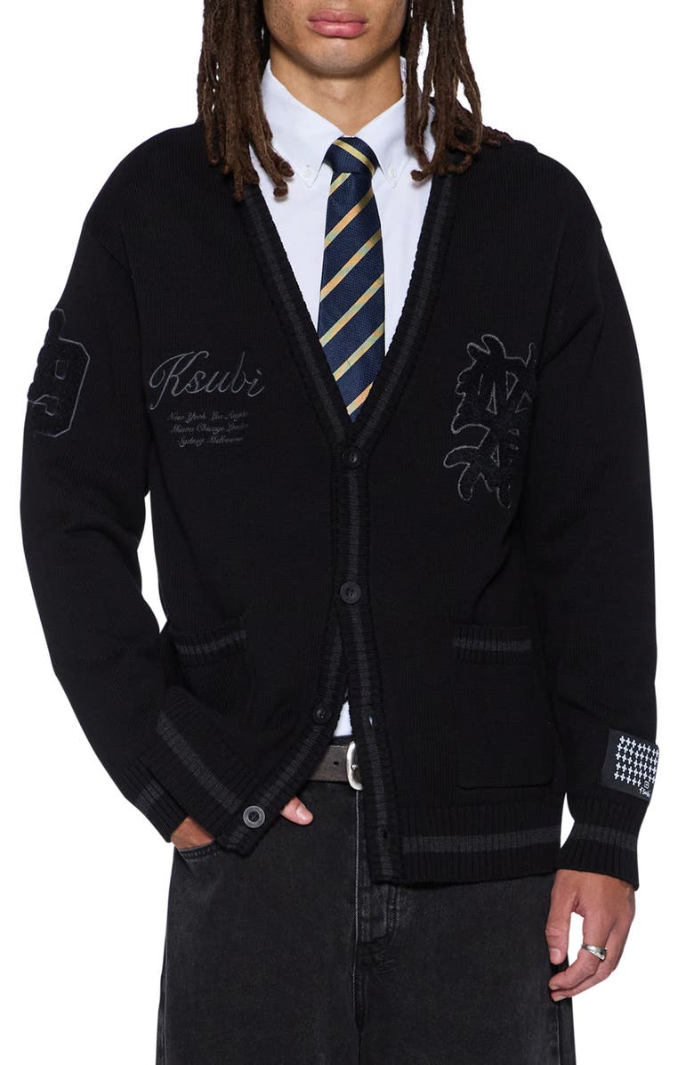 Ksubi Playoff Cotton Graphic Cardigan, Main, color, Black