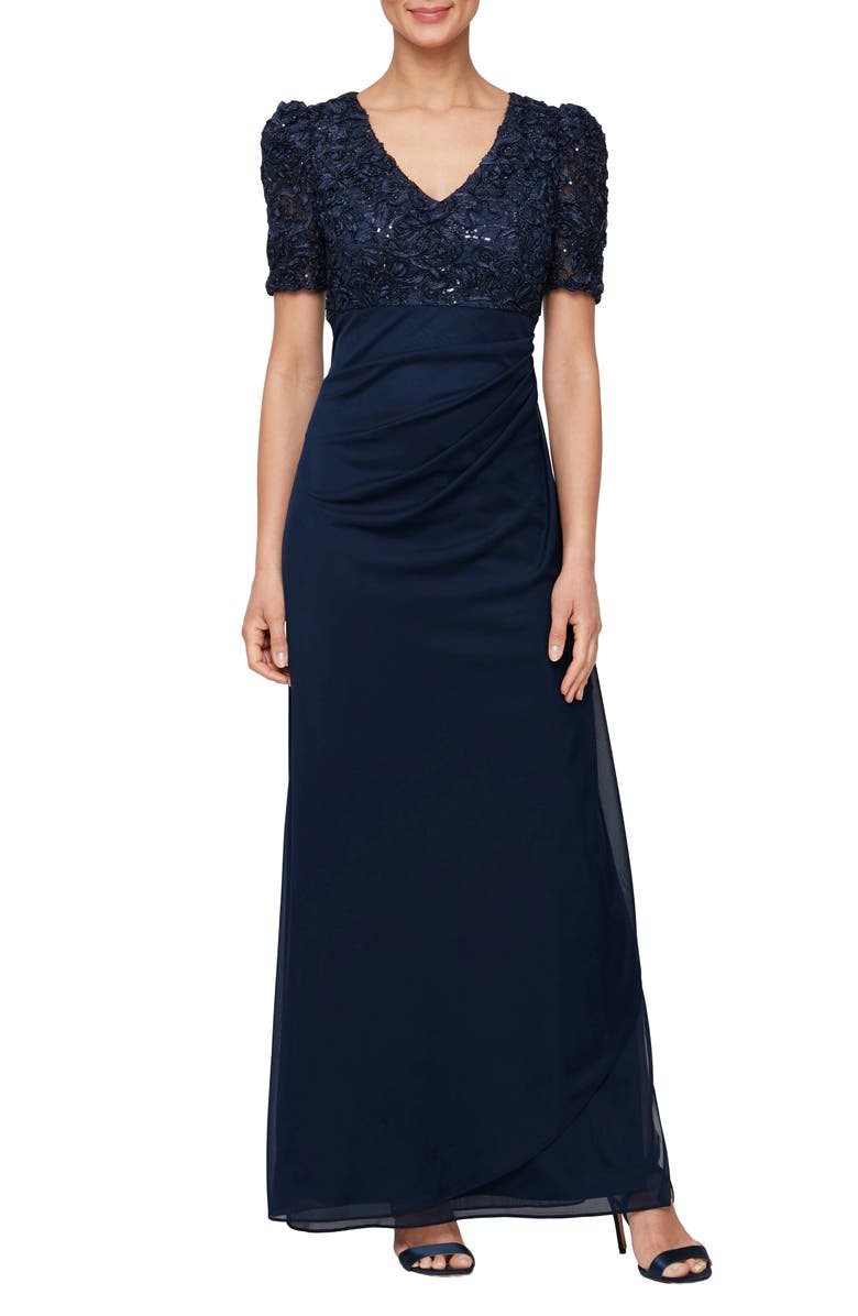 Alex Evenings Embellished Short Sleeve Empire Waist Gown, Main, color, Navy