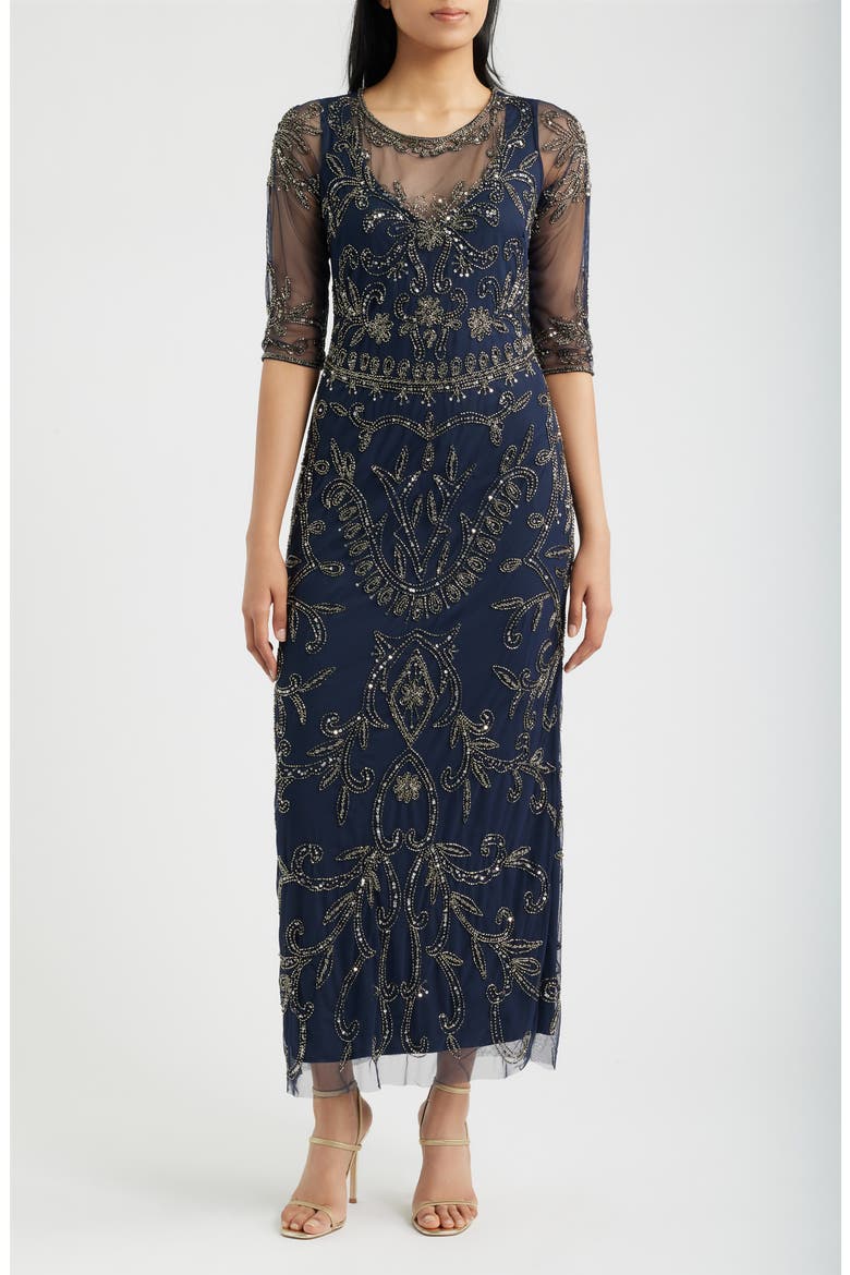 Sequin Illusion Gown, Main, color, NAVY 410