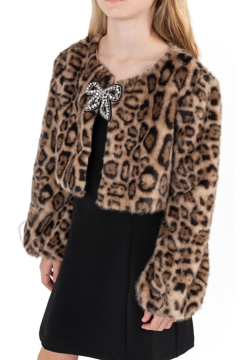 Kids' Faux Fur Leopard Print Jacket, Alternate, color, BROWN