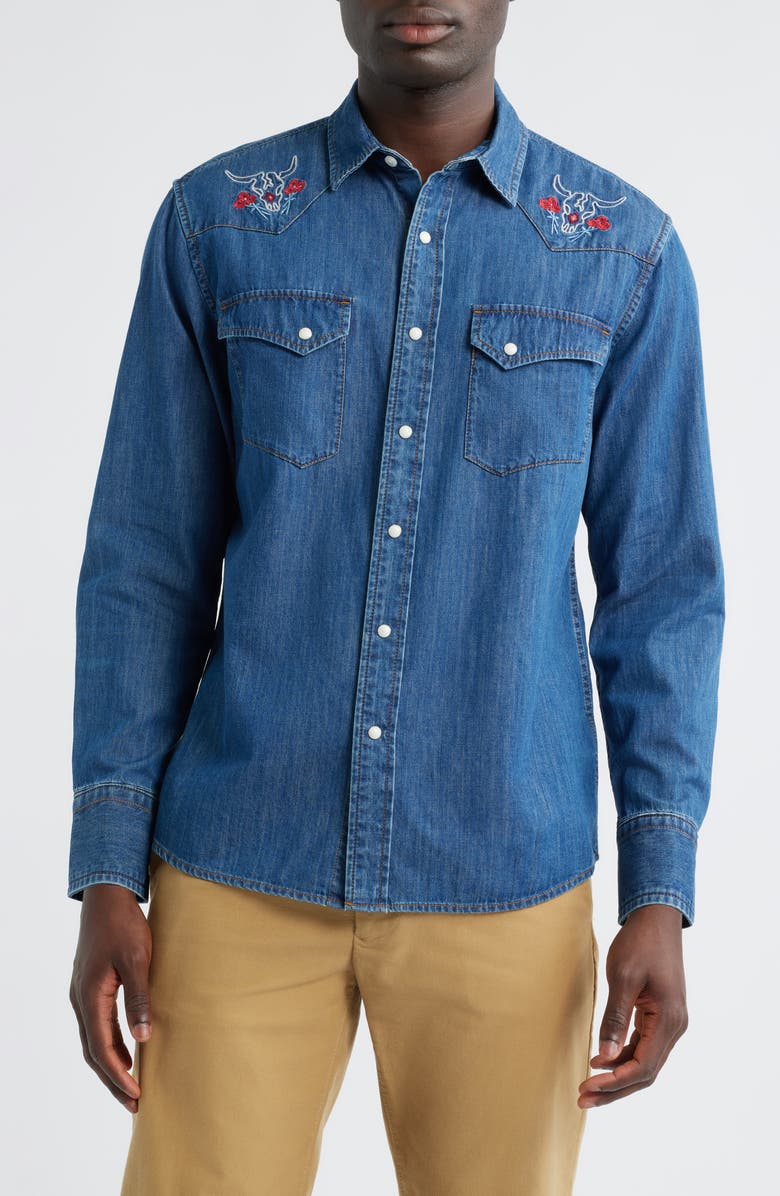 Pendleton Gambler Embroidered Snap-Up Denim Shirt, Main, color, Denim/ Bison Rose