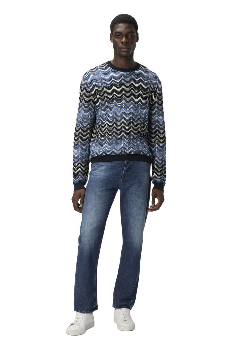 Crew Neck Sweater With Geometric Zigzag Pattern, Main, color, Blue