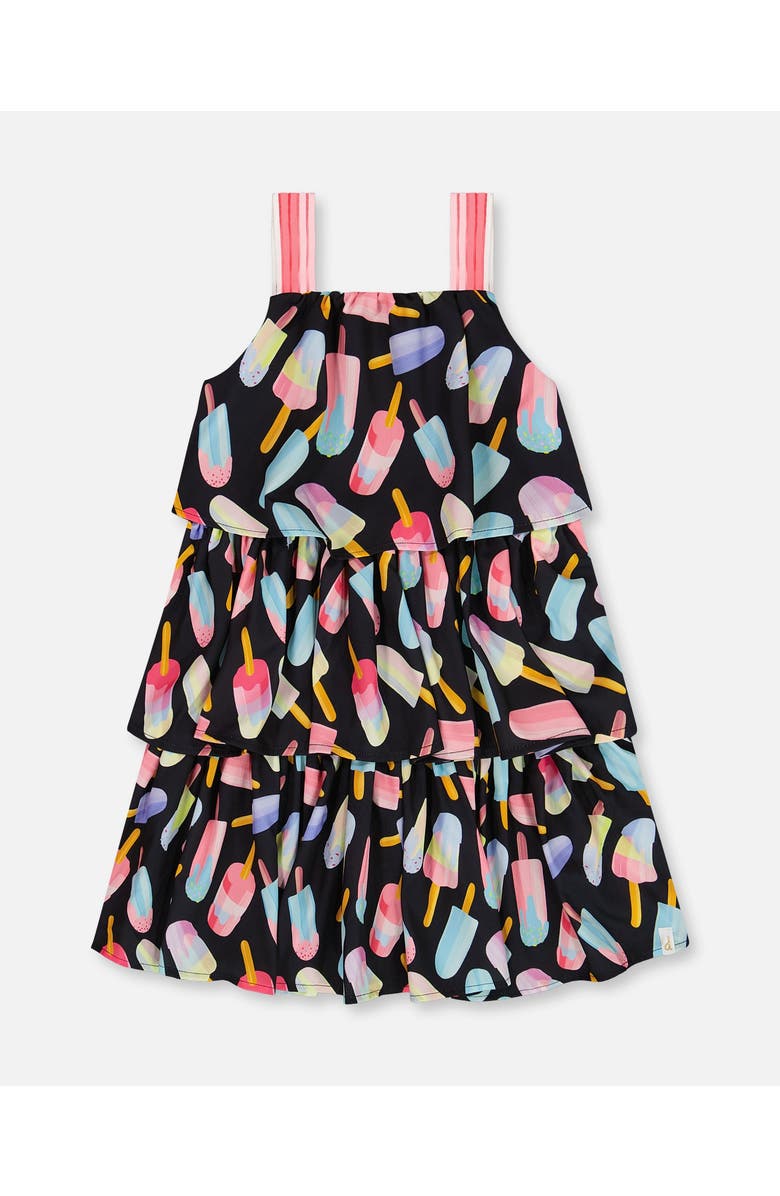 Deux par Deux Little Girl's Printed Tiered Dress Ice Lollipops And Black, Main, color, Ice Lollipops And Black
