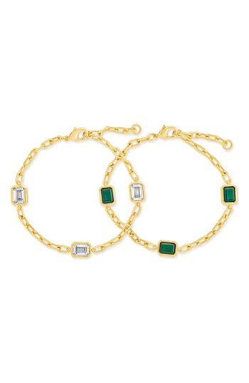 Sterling Forever Lennox Set Of 2 Cubic Zirconia Station Chain Bracelets In Gold