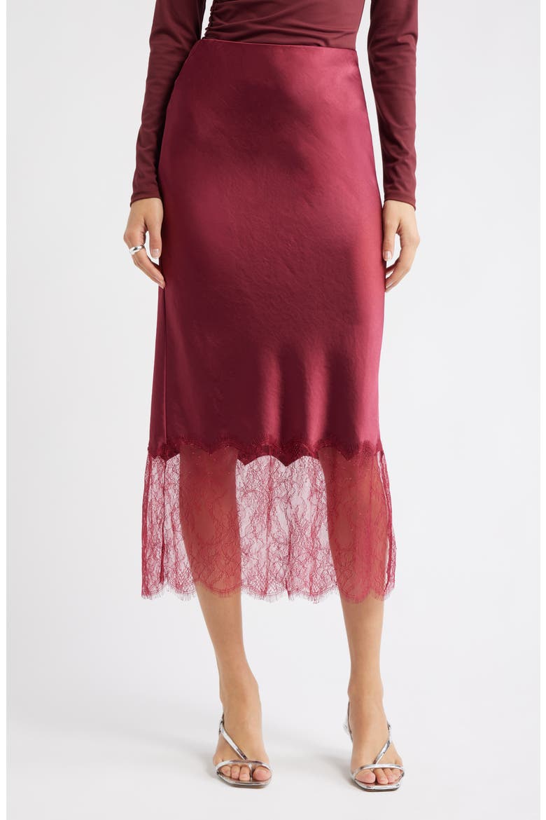 Lace Trim Satin Midi Skirt, Main, color, BURGUNDY BEET