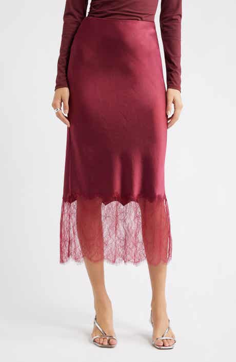 Open Edit Lace Trim Satin Midi Skirt