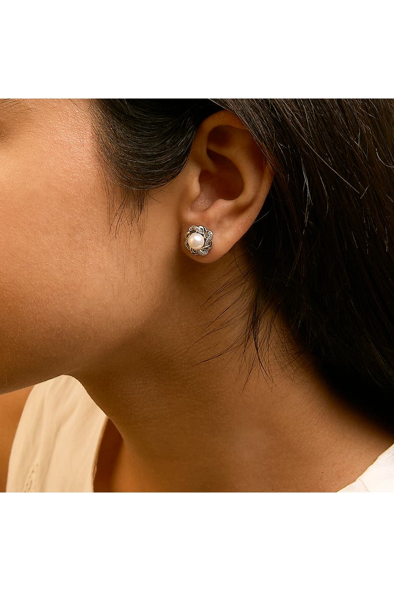Sterling Silver Pearl and 1/10 Cttw Diamond Floral Twist Stud Earrings, Alternate, color, Silver