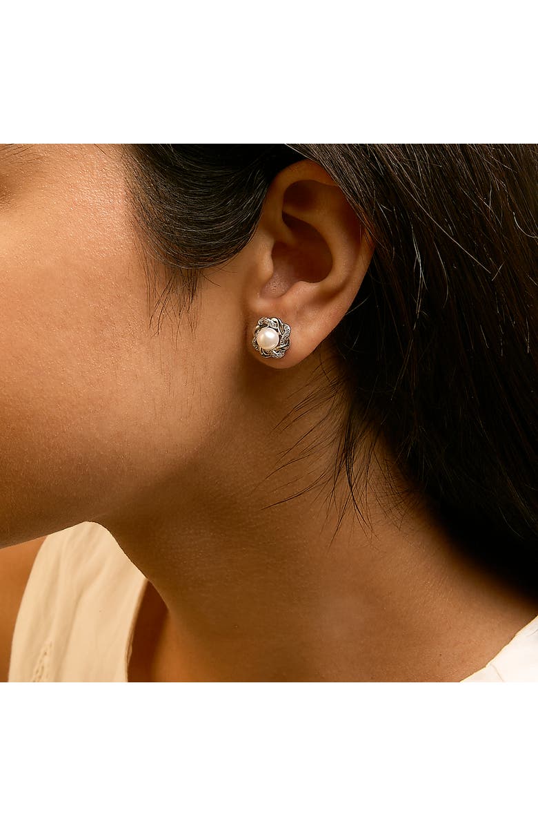 Haus of Brilliance Sterling Silver Pearl and 1/10 Cttw Diamond Floral Twist Stud Earrings, Alternate, color, Silver