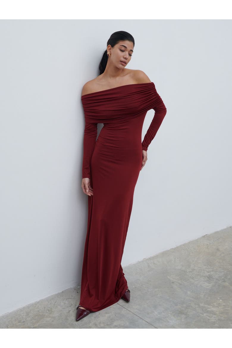 Perrie Bardot Jersey Maxi Dress, Alternate, color, Burgundy