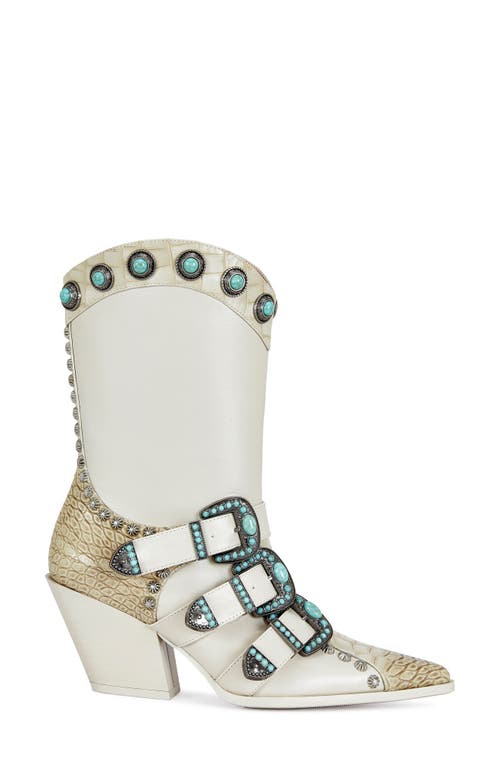 Azalea Wang Balmoral Croc Embossed Western Boot In Sand